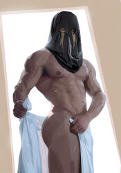 1boy ass bara call_of_duty call_of_duty:_modern_warfare_2 covering_face highres indoors konig_(call_of_duty) large_pectorals looking_at_viewer male_focus mask muscular muscular_male naked_towel navel nipple_piercing nipples pectorals piercing solo towel voidbringerr