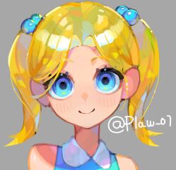 Rule 34 | 1girl, blonde hair, blue eyes, blush, bubbles (ppg), closed mouth, commentary, looking at viewer, n. (plaw 01), portrait, powerpuff girls, simple background, sleeveless, smile, solo, twintails, twitter username, wing collar