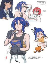 1boy 2girls absurdres amate_yuzuriha aqua_eyes blue_hair bowl chinese_commentary chinese_text chips_(food) chopsticks collared_shirt colored_inner_hair commentary_request conch_(gundam) eating food gundam gundam_gquuuuuux highres holding holding_bowl holding_chopsticks holding_food jacket long_hair long_sleeves multicolored_hair multiple_girls necktie non-humanoid_robot nyaan_(gundam_gquuuuuux) ponytail potato_chips purple_hair red_eyes red_hair robot school_uniform shenghuotui_xingxing shirt short_hair shuji_ito simple_background sleeveless sweatdrop sweater tank_top translation_request two-tone_hair white_background