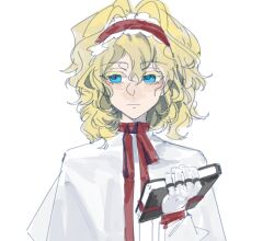 1girl :| alice_margatroid blonde_hair blue_eyes book capelet closed_mouth colored_eyelashes curly_hair gloves hair_between_eyes hair_intakes hairband holding holding_book long_sleeves medium_hair neck_ribbon red_hairband red_ribbon ribbon simple_background solo touhou upper_body white_background white_capelet white_gloves xian_qishui