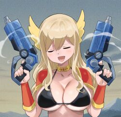 1girl armor bikini black_bikini bracer breasts closed_eyes dual_wielding eden&#039;s_zero gaston18 gold_collar gun handgun head_wings highres holding holding_gun holding_weapon large_breasts long_hair open_mouth pauldrons rebecca_bluegarden shoulder_armor solo swimsuit upper_body weapon wings