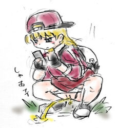 1girl backpack backwards_hat bag baseball_cap black_eyes black_gloves blonde_hair blush cellphone female_protagonist_(pokemon_go) fingerless_gloves gloves grass grey_shoes hat holding holding_phone jacket long_hair long_sleeves looking_at_phone nintendo panties panty_pull peeing phone pokemon pokemon_go puddle pussy red_hat red_jacket red_skirt shirt shoes skirt smartphone socks spread_legs squatting steam su_(pixiv_263717) underwear white_panties white_shirt white_socks