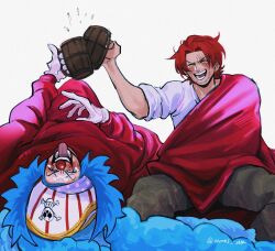 Rule 34 | 2boys, absurdres, buggy the clown, clown nose, drunk, gloves, grey pants, hat, highres, laughing, lying, male focus, multiple boys, on back, one piece, open mouth, pants, pirate hat, red hair, red robe, robe, scar, scar across eye, scar on face, shanks (one piece), shirt, short hair, simple background, sitting, tankard, toasting (gesture), tongue, tongue out, vamos mk, white background, white gloves, white shirt