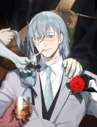 1girl 4boys alcohol blue_eyes blue_hair boutonniere cigarette dagon_(jujutsu_kaisen) eyelashes flower formal_clothes getou_suguru getou_suguru_(kenjaku) grey_suit hanami_(jujutsu_kaisen) heterochromia highres holding_another&#039;s_hair jogo_(jujutsu_kaisen) jujutsu_kaisen lighting_cigarette long_hair mahito_(jujutsu_kaisen) male_focus multiple_boys nonockha red_flower red_rose rose stitched_arm stitched_face stitched_neck stitches suit whiskey yellow_eyes