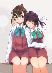 2girls ahoge bare_legs black_hair blue-framed_eyewear bow bowtie brown_dress cowboy_shot dress closed_eyes glasses green_eyes hair_ribbon halterneck hayanami_(kancolle) highres kantai_collection komb multicolored_hair multiple_girls okinami_(kancolle) pink_hair ribbon school_uniform shirt short_hair side_ponytail sidelocks sleeping sleeveless sleeveless_dress takanami_(kancolle) white_ribbon white_shirt