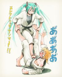 1boy 1girl angry aqua_eyes aqua_hair ball_busting barefoot bdsm blonde_hair blush cbt crotch_kick dougi feet femdom footjob hatsune_miku hetero kagamine_len long_hair martial_arts pain penis short_hair soles stomping teeth toes translated twintails very_long_hair vocaloid wokada