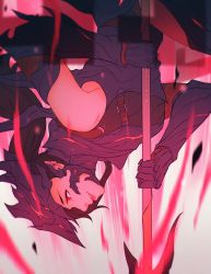 1girl armor artist_name black_hair dragoon dragoon_(final_fantasy) elezen elf final_fantasy final_fantasy_xiv gauntlets helmet highres hilda_ware holding holding_weapon hybrid hyur koyorin lips long_hair pointy_ears polearm ponytail profile red_eyes smile solo upside-down weapon