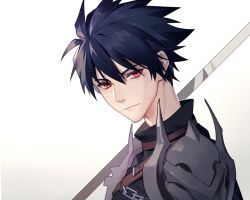 1boy armor belt black_hair black_shirt brown_belt chain character_request chest_belt closed_mouth copyright_request looking_to_the_side male_focus pauldrons polearm red_eyes shirt short_hair shoulder_armor simple_background smile solo spiked_pauldrons turtleneck upper_body weapon white_background yi_(826805607)