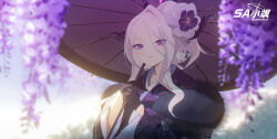 1girl absurdres alternate_costume alternate_hairstyle black_gloves blue_archive double-parted_bangs flower fur_collar gloves hair_bun hair_flower hair_ornament hayate_(1034853996) highres hina_(blue_archive) holding holding_umbrella japanese_clothes kimono looking_at_viewer purple_eyes purple_flower purple_kimono purple_umbrella single_hair_intake solo umbrella upper_body white_hair