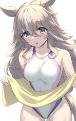 1girl alternate_costume animal_ears bare_shoulders blush breasts chestnut_mouth competition_swimsuit cowboy_shot gradient_eyes grey_hair hair_between_eyes highres holding holding_towel horse_ears horse_girl long_hair looking_at_viewer medium_breasts multicolored_eyes multicolored_hair one-piece_swimsuit open_mouth pataneet simple_background solo streaked_hair swimsuit towel umamusume white_background white_hair white_one-piece_swimsuit wonder_acute_(umamusume)