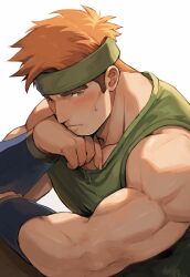 1boy blush bracer brown_eyes commentary_request fire_emblem fire_emblem:_the_binding_blade head_rest headband highres lot_(fire_emblem) male_focus muscular muscular_male nintendo orange_hair shirt short_hair simple_background sleeveless sleeveless_shirt solo tsukimura_(d24f4z8j3t) variant_set
