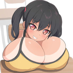 1girl black_hair breast_rest breasts breasts_on_table brown_eyes chair cleavage desk gaki_kyonyuu gigantic_breasts grin highres huge_breasts looking_at_viewer on_chair oppai_loli sasaki_kanna school_desk shirogane_hakuba shirt short_twintails sitting smile solo tan tanline twintails yellow_shirt