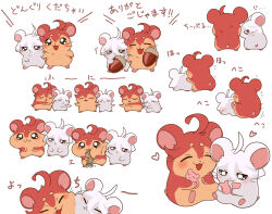 Rule 34 | animalization, blush stickers, cheek-to-cheek, commentary request, dancing, eating, gundam, gundam suisei no majo, hamster, hamtaro (series), heads together, heart, highres, holding hands, humping, ips cells, miorine rembran, mother and child, nieto tokage, no humans, open mouth, red hair, seed, simple background, smile, suletta mercury, sunflower seed, white background, white hair, yuri