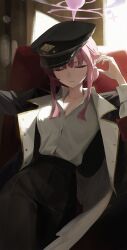 1girl absurdres alternate_costume alternate_universe black_coat black_hat blue_archive chinese_commentary closed_eyes closed_mouth coat collared_shirt commentary expressionless facing_viewer halo hat highres kennyupa long_sleeves mika_(blue_archive) open_clothes open_coat peaked_cap shirt sidelighting solo white_shirt