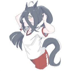 1girl animal_ears blush breasts hair_between_eyes high_ponytail horse_ears horse_girl horse_tail hot long_bangs long_hair long_hair_between_eyes looking_at_viewer manhattan_cafe_(umamusume) parted_lips ponytail red_shorts shirt shiruko_(oshiruko) short_sleeves shorts simple_background small_breasts solo sweat tail tracen_training_uniform umamusume very_long_hair white_background white_shirt yellow_eyes
