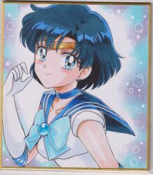 1girl back_bow bishoujo_senshi_sailor_moon blue_choker blue_eyes blue_hair blue_sailor_collar bow choker collarbone commentary earrings elbow_gloves gloves highres jewelry looking_at_viewer magical_girl mizuno_ami photo_(medium) sailor_collar sailor_mercury sailor_senshi_uniform short_hair skirt solo stud_earrings traditional_media user_kztc4472 white_gloves