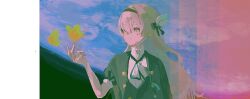 1girl black_hairband closed_mouth firefly_(honkai:_star_rail) firefly_(jepella_rebellion)_(honkai:_star_rail) grey_hair hair_between_eyes hair_intakes hair_ornament hair_ribbon hairband hand_up highres honkai:_star_rail honkai_(series) long_hair multicolored_eyes neck nodoametabeyou official_alternate_costume one_eye_covered ribbon smile solo two-tone_eyes