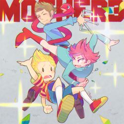 1girl 2boys artist_name belt bike_shorts blonde_hair boots brown_hair chromatic_aberration duster_(mother) facial_hair fang fingerless_gloves gloves hood hoodie jewelry kicking kumatora lucas_(mother_3) messy_hair mother_(series) mother_3 multiple_boys necklace nintendo otoe_(milkyboy_inc.) pants pink_eyes pink_hair quiff rope_snake shoes short_hair shorts sneakers staple