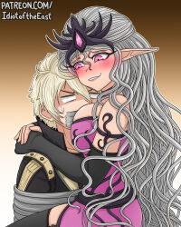 1boy 1girl arms_around_neck between_breasts black_gloves blank_eyes blonde_hair blush bound breast_smother breasts choker commentary commission dress drooling elbow_gloves english_commentary face_between_breasts face_to_breasts gag gloves grey_hair head_between_breasts hetero highres idiot_of_the_east improvised_gag large_breasts naughty_face original pink_choker pink_eyes pointy_ears purple_dress slaanesh smile strapless strapless_dress sweatdrop tape tape_gag tied_up_(nonsexual) tube_dress v-shaped_eyebrows warhammer_40k watermark web_address