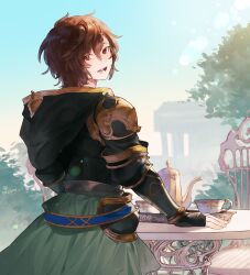 1boy :d armor artist_name brown_hair cape chair commentary_request cowboy_shot cup gloves granblue_fantasy green_cape hair_between_eyes happy hip_armor hood kettle looking_back male_focus messy_hair open_mouth preline red_eyes sandalphon_(granblue_fantasy) short_hair shoulder_armor smile solo table teacup tree