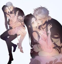 1boy 1girl blush brown_hair chain chain_necklace closed_mouth couple dress green_eyes hetero high_heels highres hug jewelry licking licking_another&#039;s_face long_hair love_and_deepspace multiple_views muzzle_(mask) necklace ng_ai0 pants parted_bangs pink_dress protagonist_(love_and_deepspace) short_hair sylus_(love_and_deepspace) sylus_(tartarus)_(love_and_deepspace) tongue tongue_out white_background white_hair