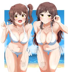 2girls absurdres bare_legs beach bikini bikini_pull blush border breasts brown_hair clothes_pull feet_out_of_frame hand_on_leg hand_on_own_leg hand_on_own_thigh haruki_(haruki678) highres idolmaster idolmaster_million_live! kasuga_mirai kitazawa_shiho large_breasts leaning_forward long_hair looking_at_viewer multiple_girls navel one_side_up outdoors outside_border pulling_own_clothes side-tie_bikini_bottom smile stomach straight_hair sweat swimsuit teasing thigh_gap very_long_hair white_bikini white_border
