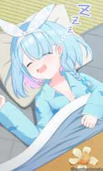Rule 34 | 1girl, :d, ^ ^, alternate costume, animal print, anotherdetteiu, arona (blue archive), blue archive, blue hair, blue pajamas, blunt bangs, bow, braid, breasts, closed eyes, colored inner hair, commentary request, drooling, fish print, food, fruit, hair bow, hairband, hand up, happy, highres, indoors, kotatsu, long sleeves, lying, mandarin orange, mouth drool, multicolored hair, on back, open mouth, pajamas, pink hair, short hair, single braid, sleeping, smile, solo, table, twitter username, two-tone hair, under covers, under kotatsu, under table, upper body, whale print, white bow, white hairband, zzz