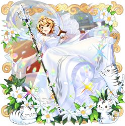 &gt;_&lt; 1girl alternate_costume bishamonten&#039;s_pagoda bishamonten&#039;s_spear black_hair blonde_hair border dress falling_petals fang flower flower_request game_cg hagoromo highres holding holding_polearm holding_weapon looking_at_viewer multicolored_hair official_art open_mouth petals polearm rotte_(1109) shawl sleeping smile solo sparkle stairs third-party_source tiara tiger toramaru_shou touhou touhou_lostword transparent_background two-tone_hair weapon wedding_dress white_dress white_flower white_petals white_tiger yellow_eyes