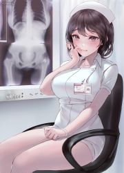 1girl biting blush bone breasts brown_eyes brown_hair chair chowbie clothes_pull collarbone curtains dress dress_pull dress_tug biting_finger finger_to_mouth hand_in_own_hair hat highres id_card indoors large_breasts looking_at_viewer name_tag nurse nurse_cap office_chair original short_hair signature sitting skeleton solo swivel_chair white_dress wristband x-ray x-ray_film