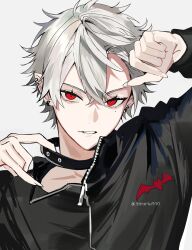 1boy absurdres black_jacket ear_piercing earrings fingernails hair_between_eyes highres jacket jewelry kuzuha_(1st_costume)_(nijisanji) kuzuha_(nijisanji) long_fingernails long_sleeves looking_at_viewer male_focus mole mole_under_eye nijisanji piercing pointy_ears red_eyes sharp_fingernails simple_background track_jacket vampire virtual_youtuber white_hair znjxlz