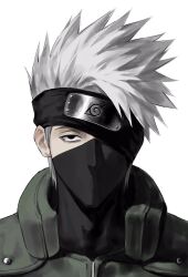 Rule 34 | 1boy, black eyes, expressionless, flak jacket, forehead protector, green jacket, hatake kakashi, highres, jacket, konohagakure shinobi uniform, konohagakure symbol, looking at viewer, male focus, mask, mouth mask, naruto (classic), naruto (series), ninja, ninja mask, one eye covered, short hair, simple background, solo, spiked hair, sso s, white background, white hair