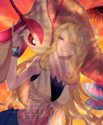 Rule 34 | 1girl, bikini, bikini under clothes, blue eyes, blue sarong, bracelet, breasts, collarbone, crop top, cynthia (pokemon), cynthia (summer 2025) (pokemon), dutch angle, eyes visible through hair, gen 3 pokemon, hair over one eye, hat, highres, jewelry, long hair, milotic, nintendo, official alternate costume, orange sky, outdoors, parted lips, pokemon, pokemon (creature), pokemon masters ex, revision, sakaralalala, sarong, shirt, sky, straw hat, sunset, swimsuit, tied shirt, upper body, very long hair