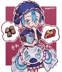 Rule 34 | 1boy, apron, artist name, blue capelet, blue corset, blue eyes, blue hair, blush, border, box, box of chocolates, capelet, chocolate, corset, cowboy shot, food, frilled apron, frilled hairband, frills, hairband, kingjoshua, made in abyss, maid, maid apron, maid headdress, maruruk, outline, pouch, puffy short sleeves, puffy sleeves, red background, short hair, short sleeves, solo, standing, twitter username, whistle, whistle around neck, white apron, white border, white outline, yellow pupils