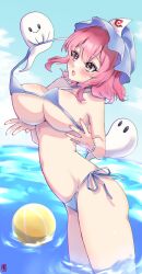 Rule 34 | 1girl, ball, beachball, bikini, bikini pull, bikini top pull, blue bikini, blue sky, blush, bracelet, breasts, clothes pull, cloud, ellen drawing, from side, ghost, hat, highres, jewelry, large breasts, medium hair, nail polish, ocean, open mouth, pink eyes, pink hair, pink nails, saigyouji yuyuko, side-tie bikini bottom, sky, smile, solo, swimsuit, thighs, touhou, wading