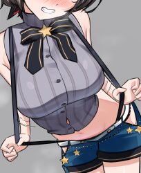 1girl absurdres armpits bare_shoulders blush breasts grey_background grin head_out_of_frame highres hip_vent hololive large_breasts navel nobarts oozora_subaru oozora_subaru_(work) shorts simple_background smile solo suspender_shorts suspenders virtual_youtuber