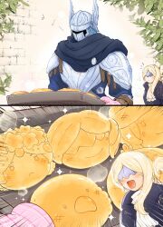 1boy 1girl :o absurdres armor ascot baking baking_sheet blindfold blue_surcoat bread duchess_(elden_ring) elden_ring elden_ring_nightreign food helmet highres musical_note oven_mitts scale_armor sparkle spoken_musical_note turuturu_lover white_ascot winged_helmet wylder_(elden_ring)