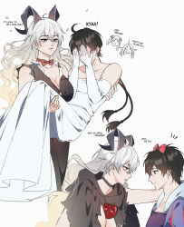 00:07am 1boy 1girl absurdres ahoge alternate_costume apple bare_shoulders black_hair blush borrowed_character breasts carrying cleavage cosplay couple covering_face dress english_text food fruit goat_girl goat_horns hair_between_eyes hetero highres horns long_hair male_rover_(wuthering_waves) princess_carry red_eyes rover_(wuthering_waves) short_hair simple_background smile snow_white_(disney) snow_white_(disney)_(cosplay) white_background white_dress white_hair wuthering_waves zani_(wuthering_waves)