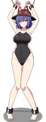 1girl absurdres alternate_costume barefoot black_hat black_one-piece_swimsuit blush bow breasts chain closed_mouth collarbone commentary commission competition_swimsuit covered_navel cuffs full_body gluteal_fold groin hat hat_bow highres large_breasts looking_at_viewer medium_hair nagae_iku one-piece_swimsuit purple_hair red_bow red_eyes restrained rise_(rise19851203) shackles shadow simple_background skeb_commission solo sweatdrop swimsuit toes touhou white_background