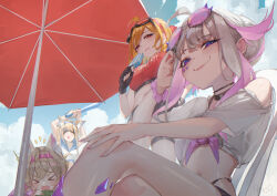 &gt;_&lt; 4girls absurdres animal_ears arupaoka baseball_bat beach_umbrella blindfold choker cloud colored_inner_hair crossed_legs dog_ears dog_girl eyewear_on_head fingerless_gloves food from_below fruit fuwawa_abyssgard gem gloves grey_hair highres hololive hololive_english hololive_indonesia kaela_kovalskia koseki_bijou looking_at_viewer midriff mococo_abyssgard multicolored_hair multiple_girls navel popsicle purple_eyes purple_hair red_eyes scrunchie shirt siblings sisters sitting sky smile smug suikawari sunglasses tied_shirt umbrella virtual_youtuber watermelon wrist_scrunchie