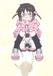 &gt;_&lt; 1girl absurdres black_hair black_skirt blush brown_eyes censored character_censor flat_chest hair_ornament halo hands_on_own_knees heart heart_hair_ornament heart_print highres hood hoodie loli long_sleeves looking_down novelty_censor nukegara_(pixiv_46266320) open_mouth original panties panty_pull peeing pink_hoodie print_shoes puddle shoes short_hair skirt sneakers squatting sweat twintails underwear white_panties white_shoes yellow_background