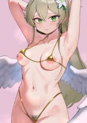 1girl absurdres armpits arms_behind_head bikini blue_archive breasts brown_hair closed_mouth commentary_request female_pubic_hair flower gold_bikini green_eyes hair_flower hair_ornament highres long_hair looking_at_viewer medium_breasts micro_bikini nagisa_(blue_archive) navel nipples pink_background pubic_hair rottenpizza simple_background solo swimsuit white_flower white_wings wings