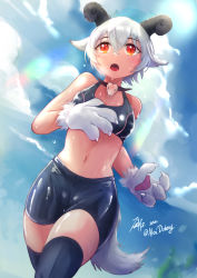 1girl 2022 alicia_dominia_(alexdoheny) animal_hands baphomet_(monster_girl_encyclopedia) bike_shorts blue_sky breasts claws cloud demon_horns dutch_angle grey_hair hair_flaps highres horns jogging midriff monster_girl_encyclopedia navel open_mouth original pentagram short_hair signature sky small_breasts solo sports_bra sunlight sweat thighhighs two-tone_sports_bra zee_n3
