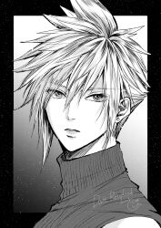 Rule 34 | 1boy, absurdres, bare shoulders, birthday, black border, border, cloud strife, earrings, final fantasy, final fantasy vii, final fantasy vii remake, greyscale, hair between eyes, hashtag-only commentary, highres, jewelry, looking at viewer, male focus, monochrome, outside border, ribbed sweater, short hair, skysk97, sleeveless, sleeveless turtleneck, solo, spiked hair, stud earrings, sweater, turtleneck, turtleneck sweater, upper body