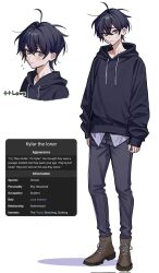Rule 34 | 1boy, bandaid, bandaid on cheek, bandaid on face, black hair, black hoodie, boots, brown boots, degrees of lewdity, english text, green eyes, grey pants, highres, hood, hoodie, kylar (degrees of lewdity), kylar (male) (degrees of lewdity), looking at viewer, multiple views, pants, short hair, yoijc