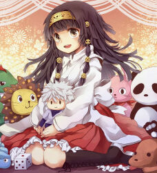 1girl alluka_zoldyck blunt_bangs boots brothers brown_boots brown_hair dice female_focus hunter_x_hunter japanese_clothes killua_zoldyck knee_boots kneeling long_hair open_mouth shion_(1994sionn) siblings smiley_face solo stuffed_animal stuffed_dinosaur stuffed_dog stuffed_lion stuffed_panda stuffed_rabbit stuffed_toy teeth upper_teeth_only