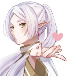 1girl bai_mei blowing_kiss blush capelet close-up closed_mouth commentary earrings elf eyelashes frieren from_side green_eyes hair_over_shoulder hand_up heart highres jewelry long_hair long_sleeves looking_at_viewer looking_to_the_side parted_bangs pendant_earring pointy_ears pursed_lips simple_background solo sousou_no_frieren symbol-only_commentary teardrop_earrings thick_eyebrows twintails very_long_hair white_background white_capelet white_hair