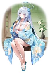 1girl absurdres alternate_costume architecture bare_shoulders blue_archive blue_kimono blush breasts closed_mouth commission east_asian_architecture floral_print floral_print_kimono flower folding_fan full_body hair_intakes halo hand_fan highres holding holding_fan japanese_clothes kimono large_breasts legs long_hair looking_at_viewer mixed-language_commentary murabana44 noa_(blue_archive) pixiv_commission plant potted_plant print_kimono purple_eyes sandals sitting smile solo toes very_long_hair white_flower white_hair white_halo wide_sleeves
