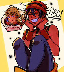 4boys absurdres birthday_cake blonde_hair blue_eyes braid braided_ponytail cake closed_eyes commentary earrings english_commentary food giorno_giovanna grin guido_mista hair_between_eyes hat highres huyandere jewelry jojo_no_kimyou_na_bouken male_focus multiple_boys narancia_ghirga pannacotta_fugo pants purple_hair purple_pants single_braid smile star_(symbol) star_symbol_background stud_earrings vento_aureo wristband