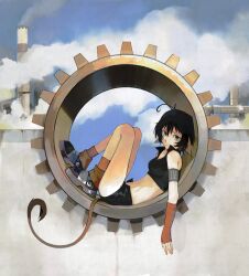 1girl absurdres ahoge animal_ears armband black_eyes black_hair black_shorts blue_sky brown_socks crop_top ears_down fingerless_gloves from_side gloves highres industrial_pipe looking_at_viewer navel original roman_numeral shoes short_hair short_shorts shorts sky sleeveless smokestack socks solo steam tail watermark yonq98