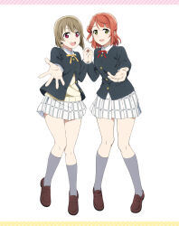 2girls artbook asymmetrical_hair black_jacket blazer bow buttons cardigan collared_shirt full_body grey_hair grey_socks hair_bun hair_ornament hairclip highres holding_hands jacket kneehighs loafers long_sleeves looking_at_viewer love_live! love_live!_nijigasaki_high_school_idol_club medium_hair miniskirt multiple_girls nakasu_kasumi neck_ribbon nijigasaki_school_uniform non-web_source official_art open_mouth outstretched_arm outstretched_hand pink_eyes pink_hair plaid_clothes plaid_skirt pleated_skirt red_ribbon ribbon school_uniform shirt shoes short_hair single_side_bun skirt smile socks standing swept_bangs uehara_ayumu white_shirt white_skirt winter_uniform yellow_eyes yellow_ribbon
